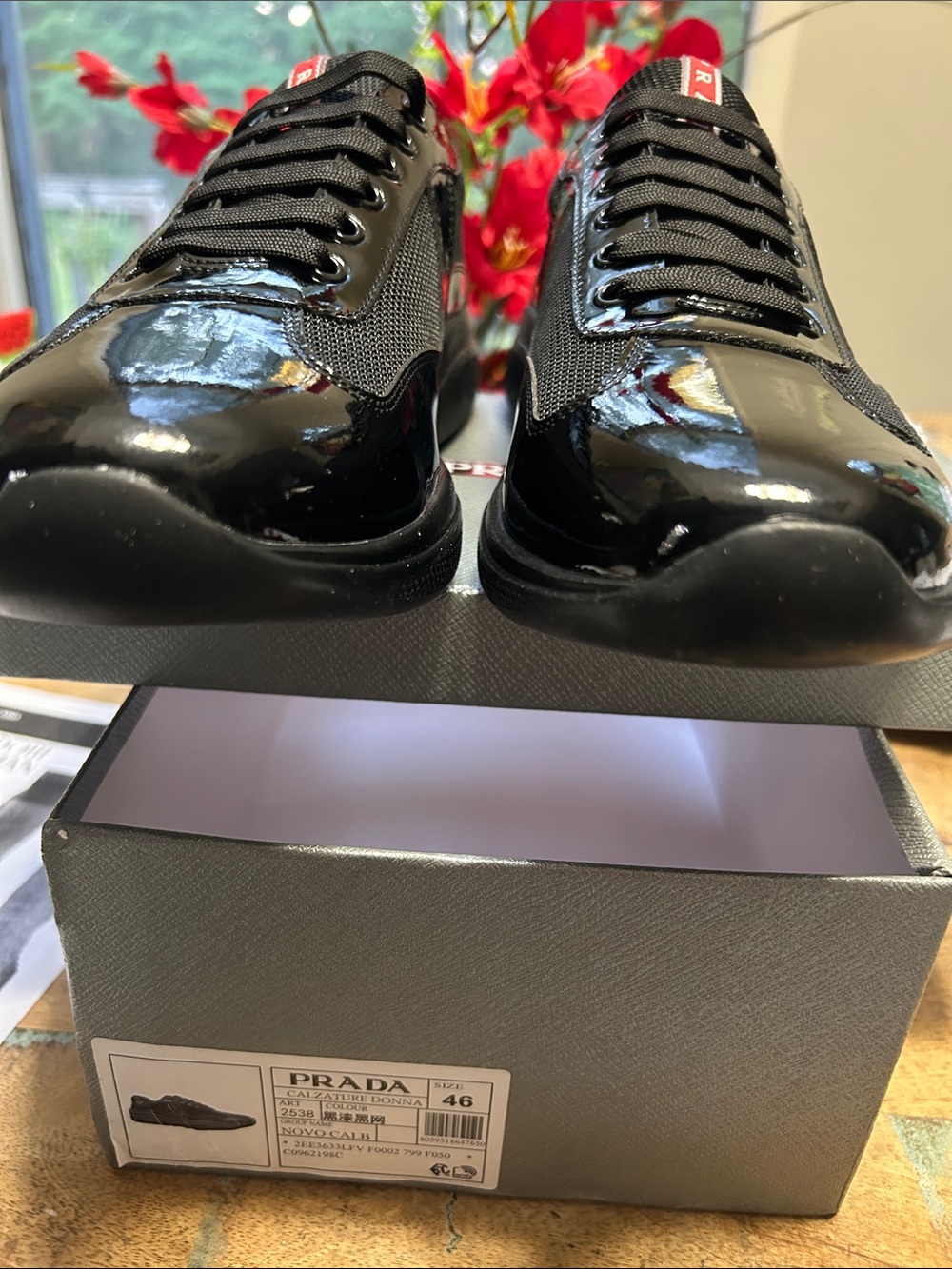 Prada Black Patent Leather and Mesh Low-Top Sneakers